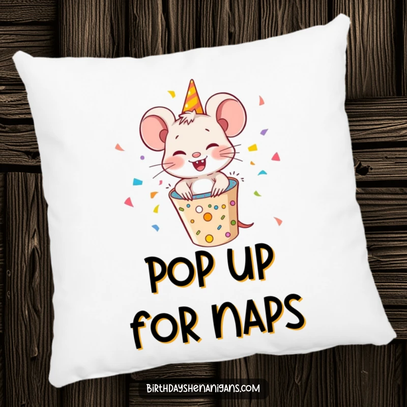 Funny mouse character popping out of a party popper, confetti everywhere, a soft and humorous pillow for celebrations.