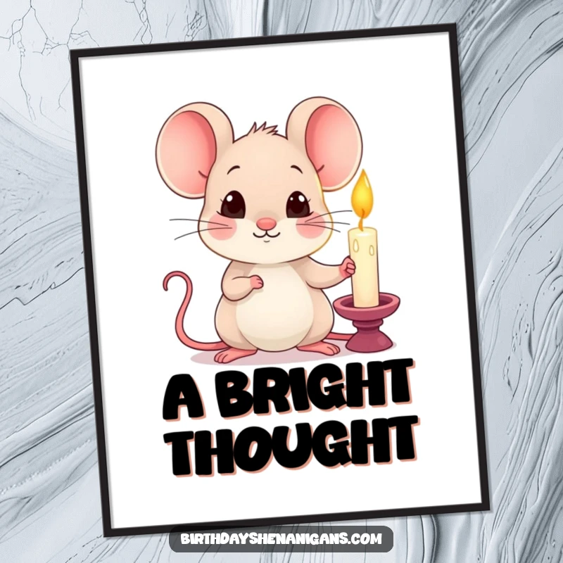 Funny kawaii mouse holding a single lit candle with a curious expression, instantly printable digital art.