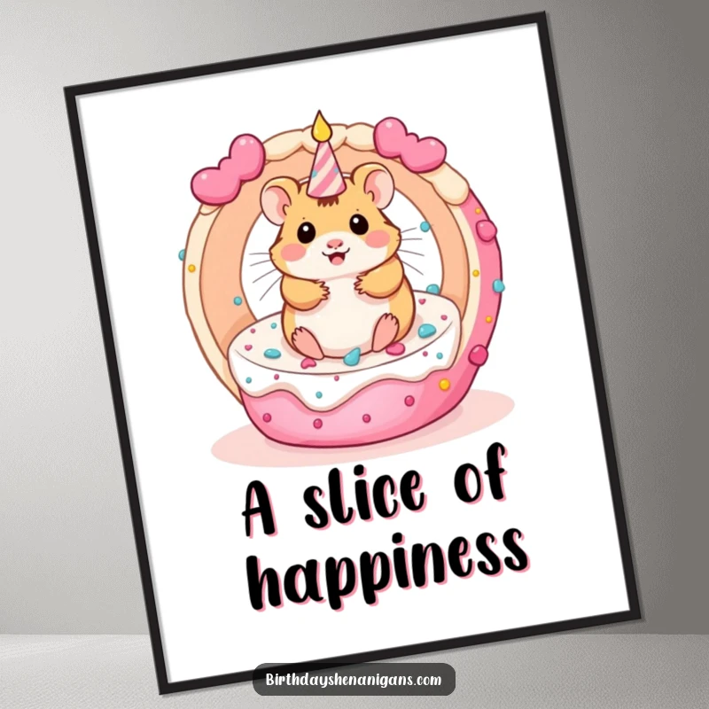 Funny digital art print of a kawaii hamster spinning inside a rolling birthday cake, celebrating birthday fun.