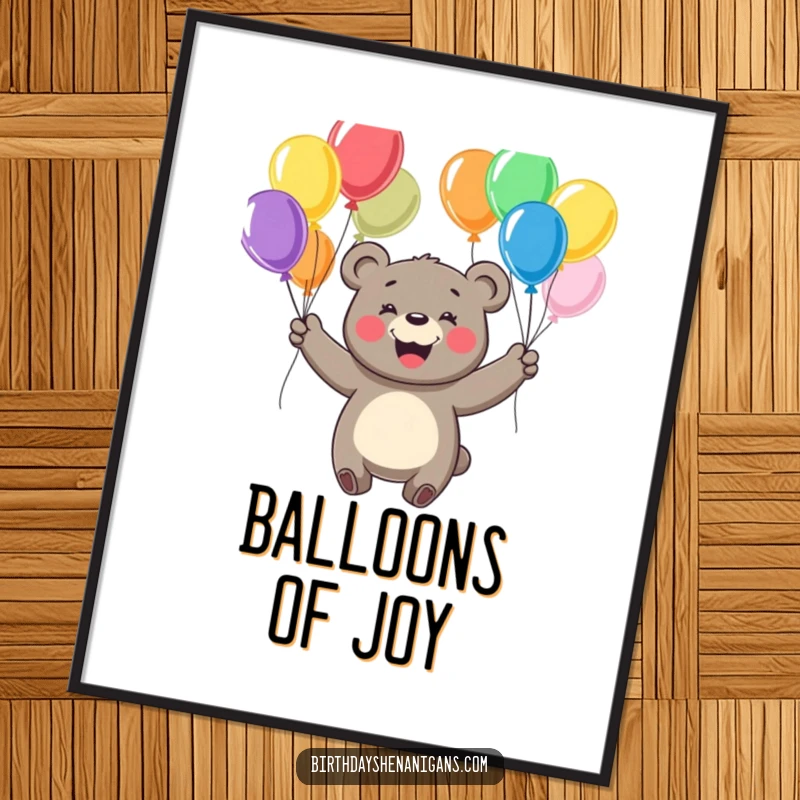 Funny digital art print of a cheerful bear with a big smile, juggling colorful balloons, ready for display.