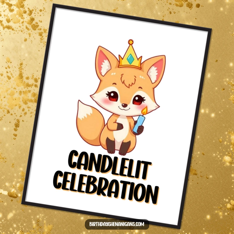 Funny curious fox wearing a party crown, holding a twinkling candle, instant humorous birthday digital art print.