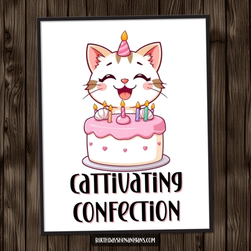 Funny kawaii cat with a huge smile decorating a birthday cake with frosting, instantly printable digital art.
