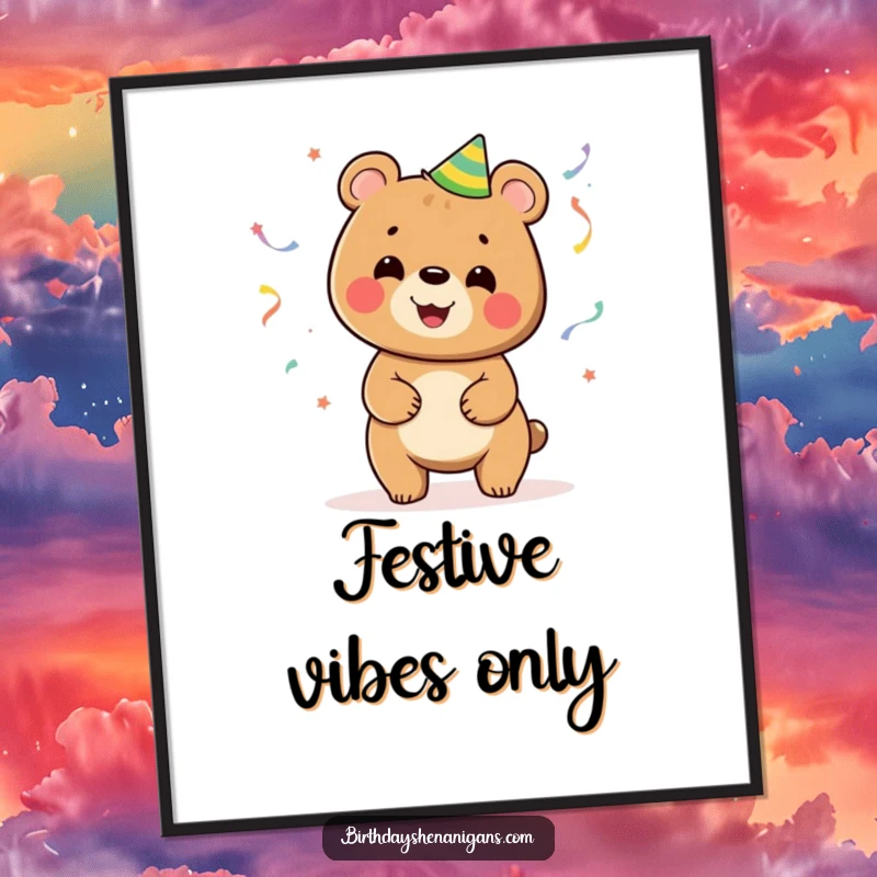 Funny digital art of a bear energetically juggling a cascade of colorful party streamers, creating a festive atmosphere.