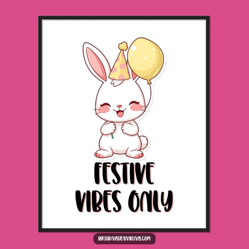 Funny Birthday Bunny Digital Art: Cheerful Character, Hat & Balloon, Instant Gift