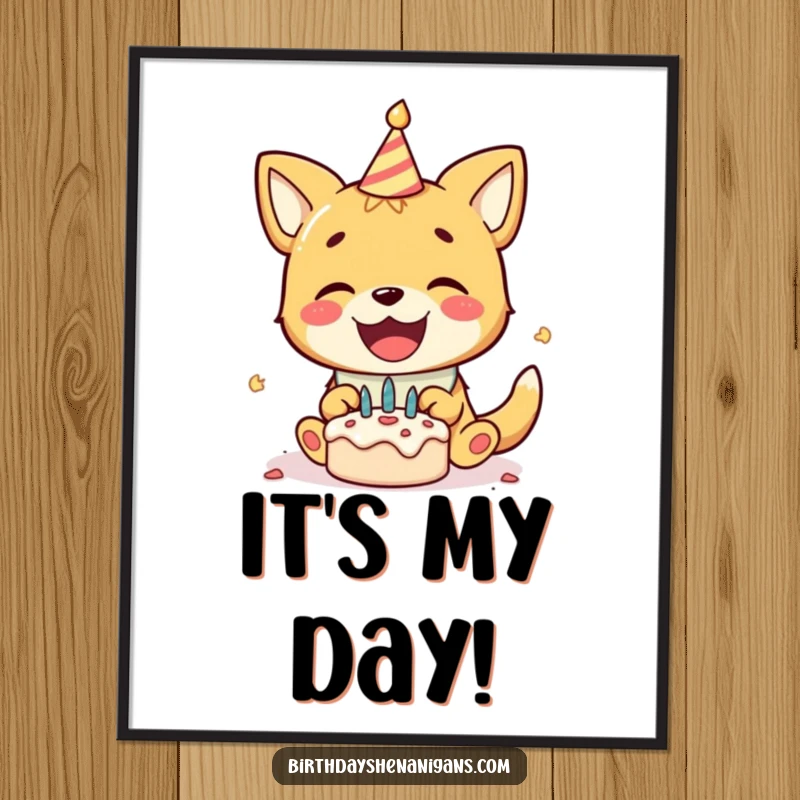 Funny digital art print of a delighted dog wearing a birthday bib, gleefully smashing a tiny cake, a celebration captured.