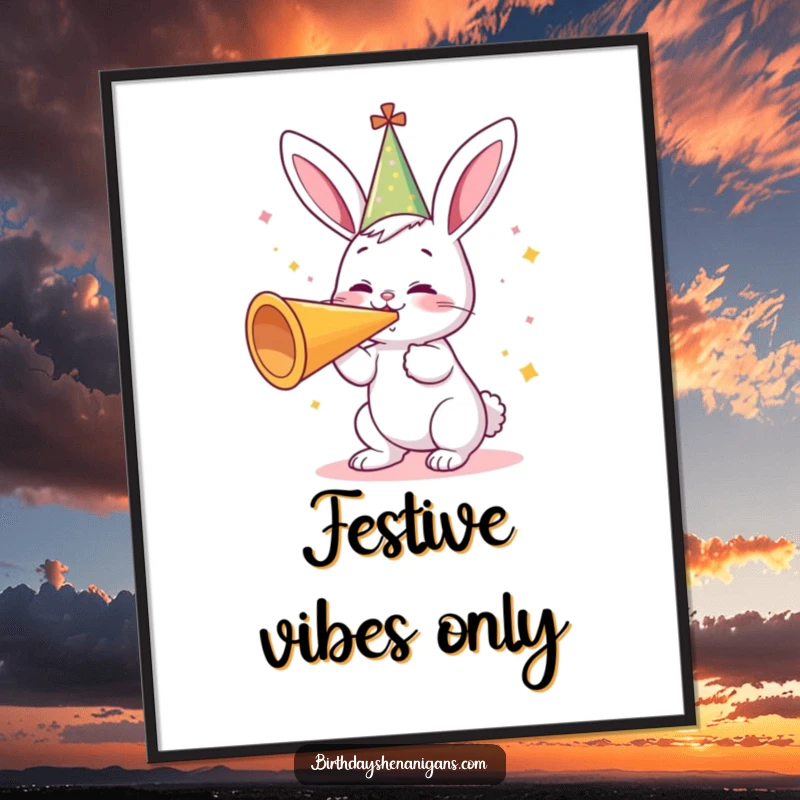 Funny digital art print of a cute bunny in a party hat, gleefully blowing a giant party horn, perfect for festive decoration.