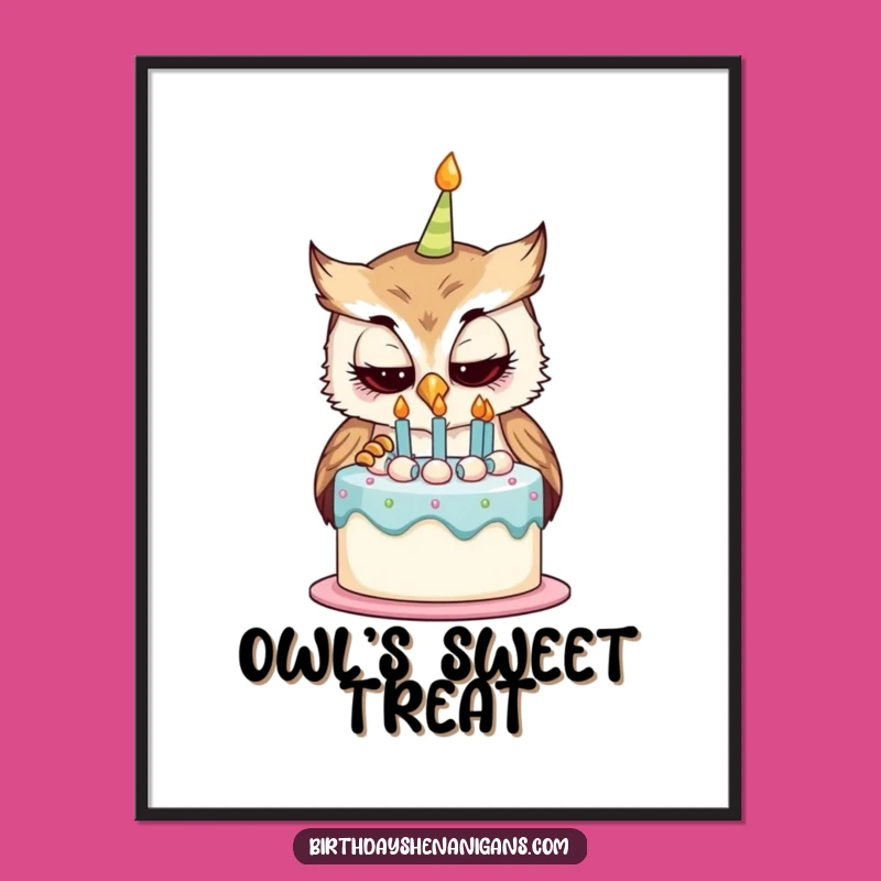 Funny Curious Owl Birthday Cake Digital Art - Instant Whimsical Download