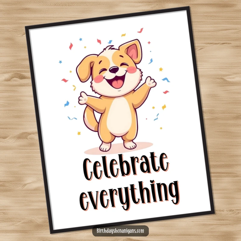 Funny digital art print of a happy dog character caught in a dynamic dance, surrounded by a festive explosion of confetti.