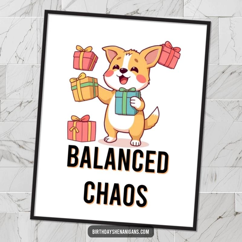 Funny digital art print of a determined dog character juggling three colorful gift boxes, ready for instant decor.
