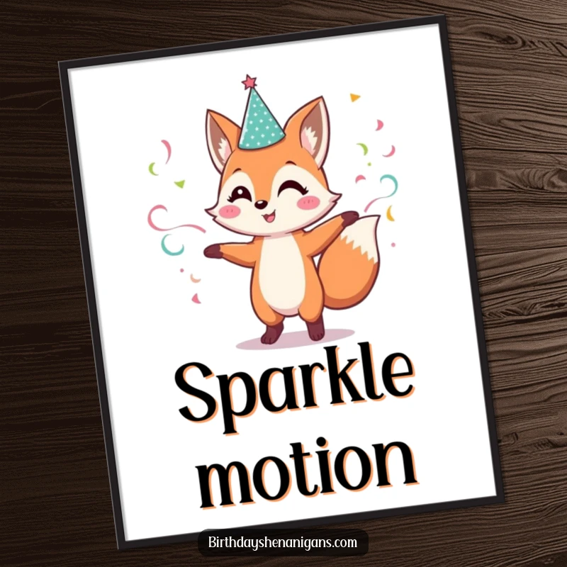 Funny Fox Digital Art: Cheerful character dances with streamers, vibrant and energetic downloadable artwork.