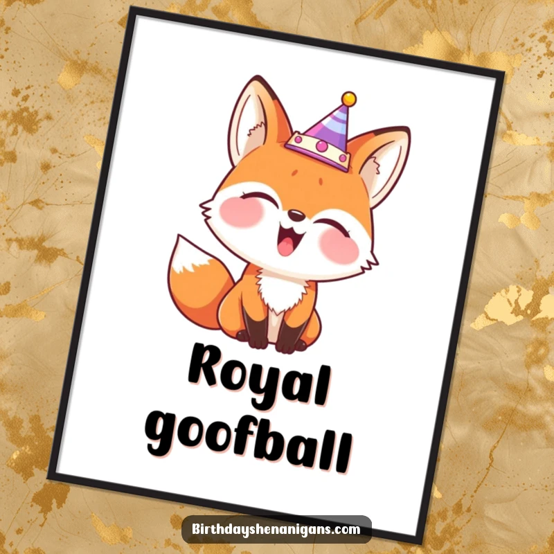 Funny digital art print of a giggling fox wearing a party crown askew, ready for instant display.