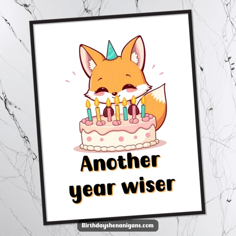 Funny kawaii fox grinning and blowing out birthday cake candles, available as a high-resolution digital art print.