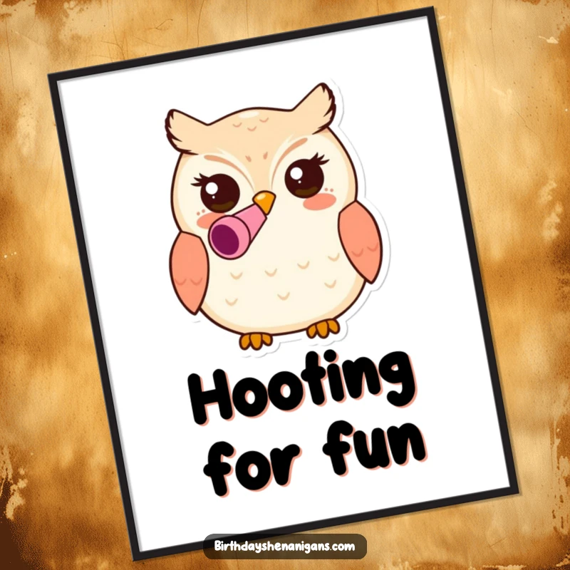 Funny kawaii owl character wearing a party blower in its beak in a digital art print, creating a festive and cheerful piece of decor.