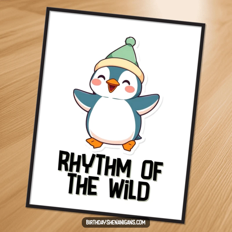 Funny Kawaii Penguin Digital Art: Printable art of a festive penguin doing a silly dance, bringing instant energy and humor.