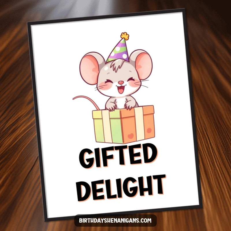 Funny Mouse Digital Art: Giggling character riding a gift box, vibrant and joyful downloadable artwork.