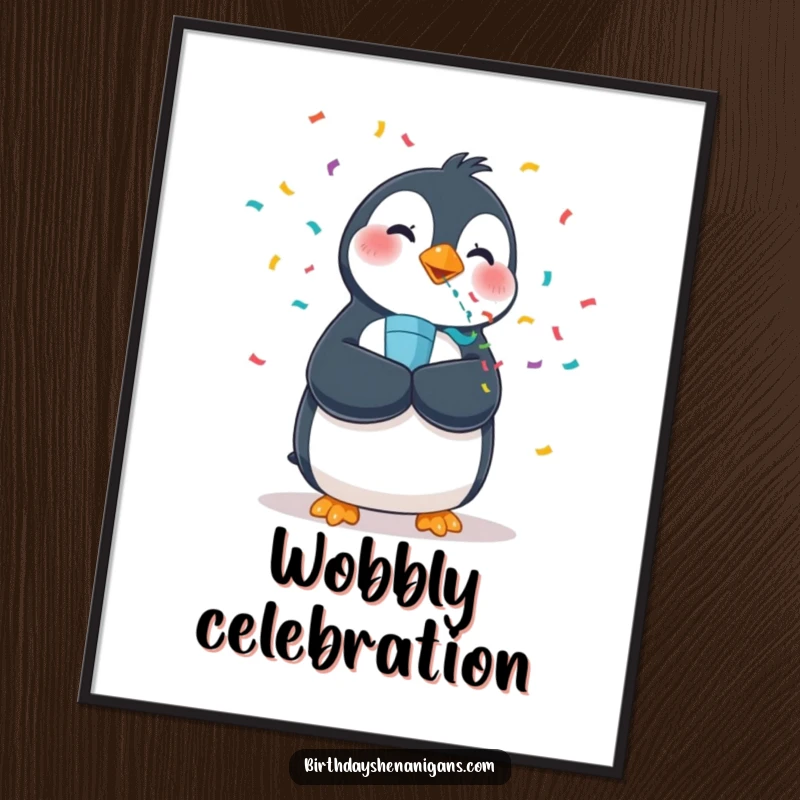 Funny digital art print of a wobbly penguin enthusiastically blowing a confetti popper, ready for instant display.