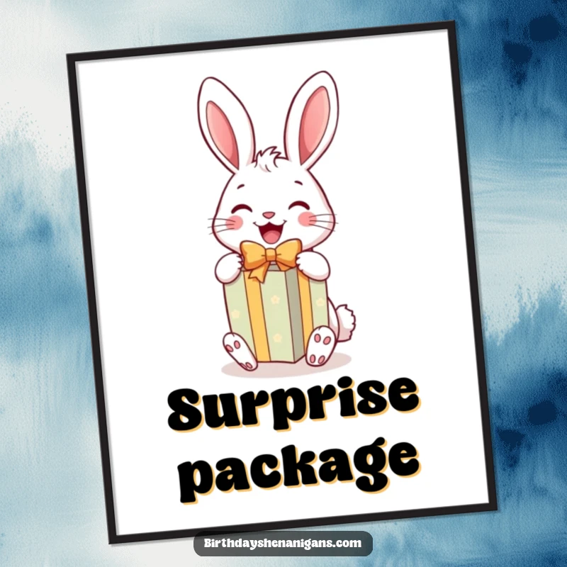 Funny Rabbit Gift Digital Art: A cheerful rabbit joyfully unwraps a bright gift, perfect for hilarious digital display.