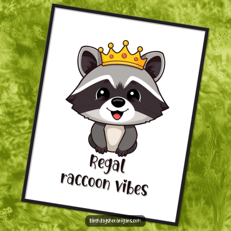 Funny digital art print of a happy raccoon character proudly wearing a festive crown, exuding humorous royalty and charm.