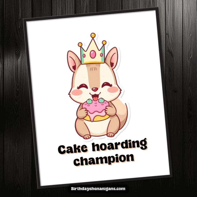 Funny Squirrel Digital Art: Joyful character stuffs cheeks with cake, vibrant and sweet downloadable artwork.