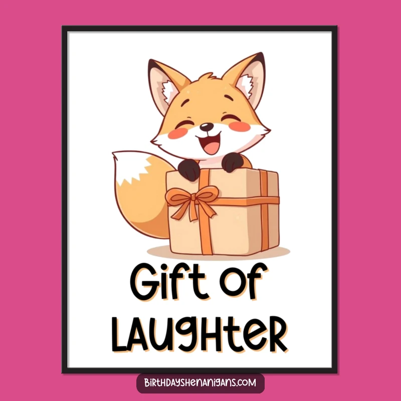Funny Fox Present Digital Art: Excited Character, Large Gift, Instant Art