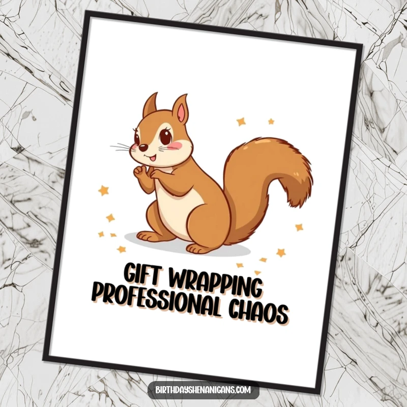 Funny digital art print of a squirrel gleefully scattering gift wrapping paper, ideal for instant download and holiday decor.