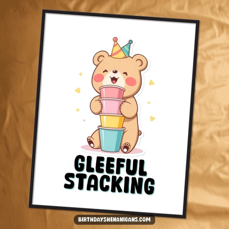 Funny Bear Digital Art Print: A cute bear character gleefully stacking colorful party cups, cheerful and funny.