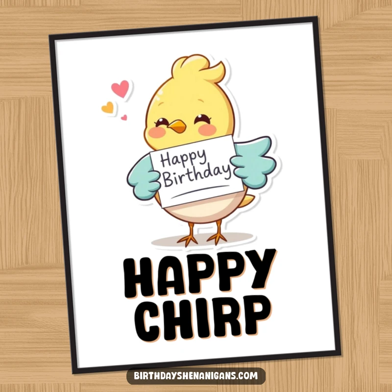 Funny whimsical bird character delivering a birthday card, digital art file, perfect for printing and wall decoration.