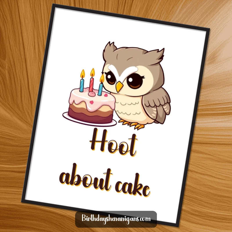 Funny owl digital art print of a curious character inspecting a birthday cake, ready to add whimsical charm.
