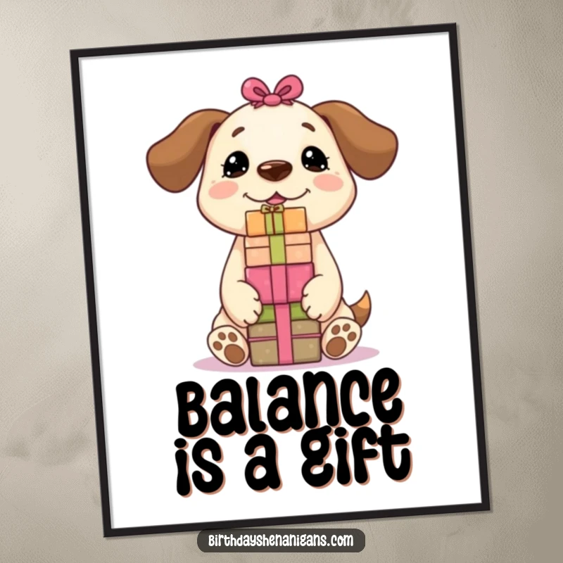 Funny Kawaii dog character balancing a tower of presents on its nose, digital art perfect for instant wall decoration.