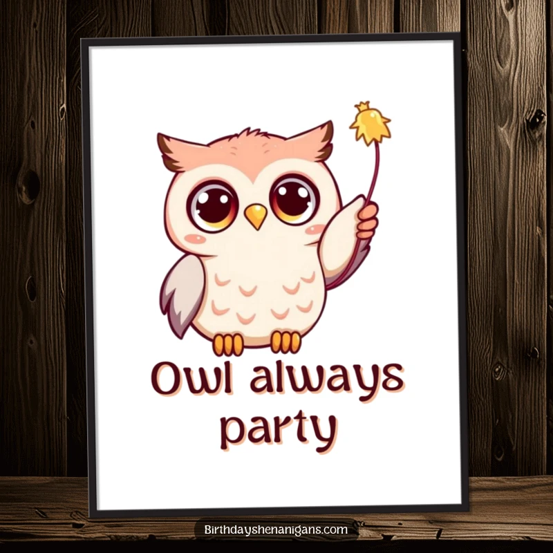 Funny Kawaii owl with excited eyes, reaching for a streamer, digital art print for instant festive wall decor.