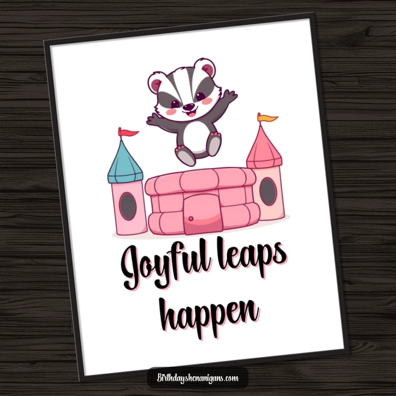 Funny digital art of a happy badger joyfully bouncing on a bouncy castle, creating a vibrant and fun atmosphere.