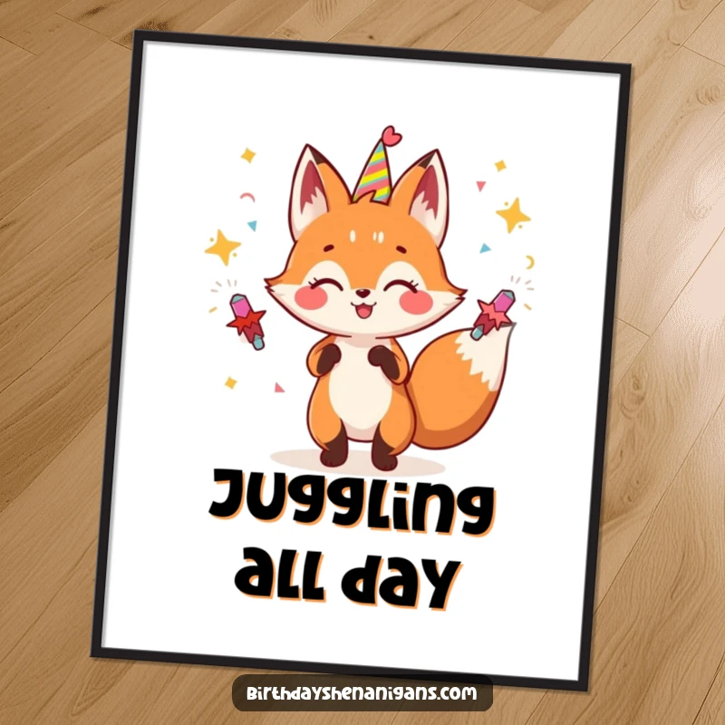 Funny fox digital art print of a gleeful character juggling party poppers, ready to add instant celebration.