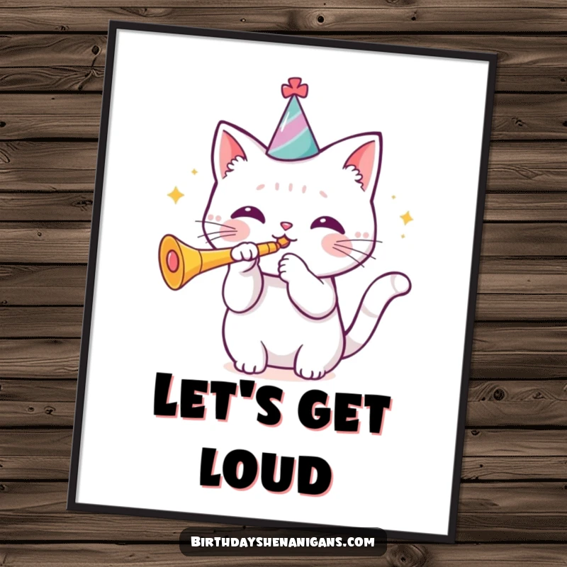 Funny kawaii cat wearing a birthday hat blowing a trumpet as a digital art print, ready to download. Festive decor.