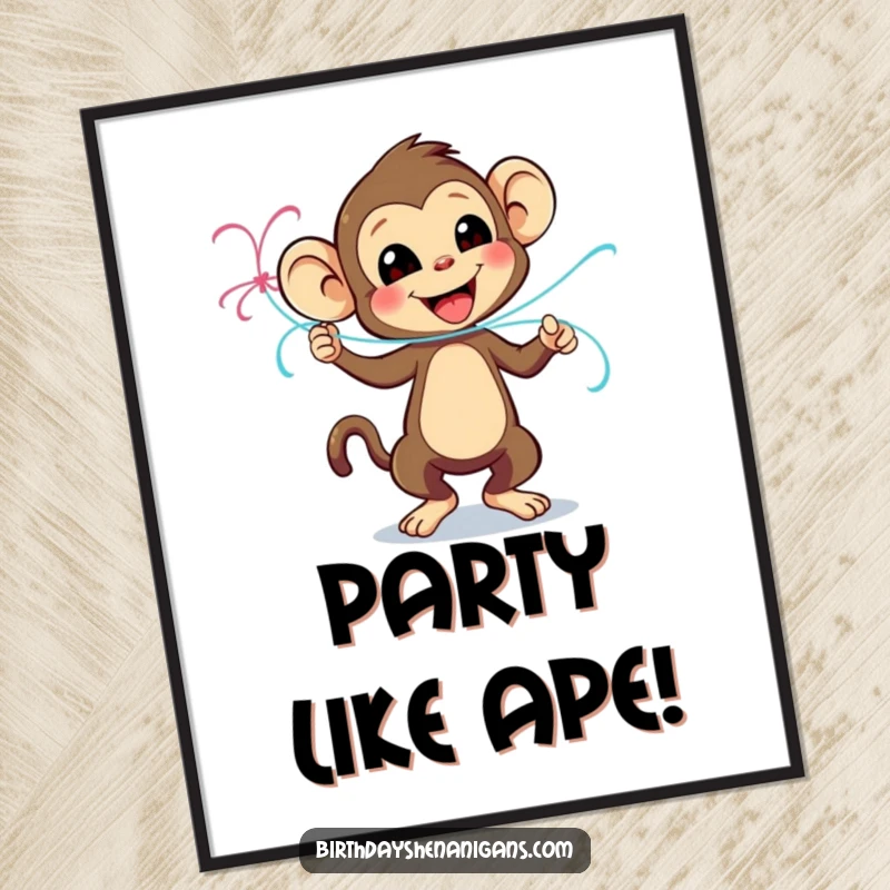 Funny digital art print of a playful monkey character dancing with a streamer, a vibrant celebration captured instantly.