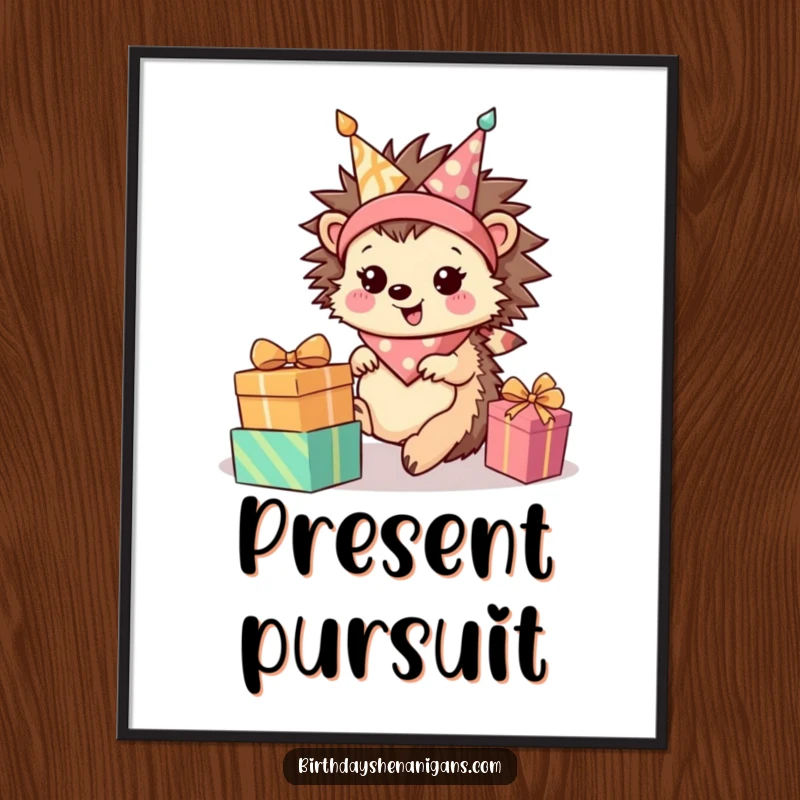 Funny Hedgehog Digital Art: Happy character rolls towards presents, vibrant and joyful downloadable artwork.