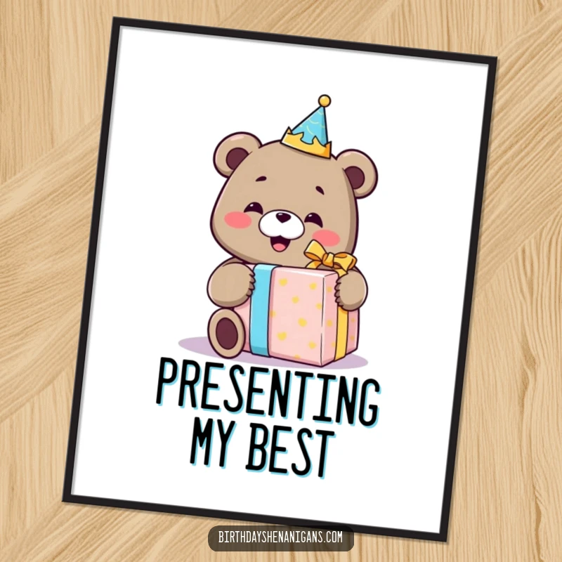 Funny digital art print of a smiling bear in a birthday crown, joyfully unwrapping a comically oversized gift, perfect for decor.