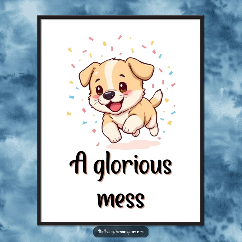 Funny puppy digital art print, excited, chasing confetti cascade, instant download, energetic celebration decor, humorous.