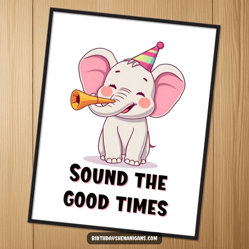 Funny digital art print of a joyful elephant character blowing a party horn, offering instant festive fun and visual delight.