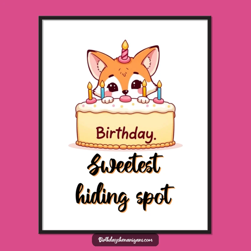 Funny Fox Hiding Cake Digital Art: Instant Birthday Wall Decor!