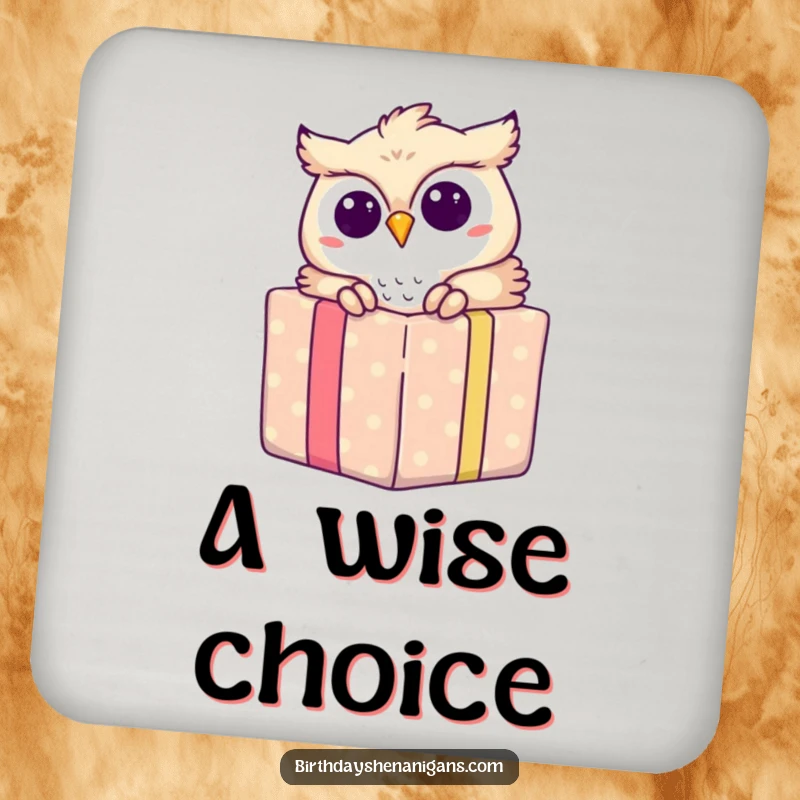 Funny drink coasters featuring an owl peeking from a gift design, protecting furniture while adding charm.