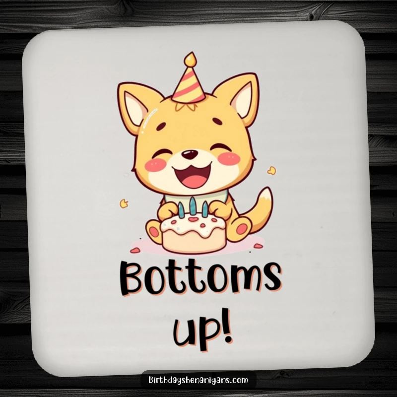 Funny drink coaster with a delighted dog in a birthday bib, gleefully smashing a tiny cake, adding party flair.