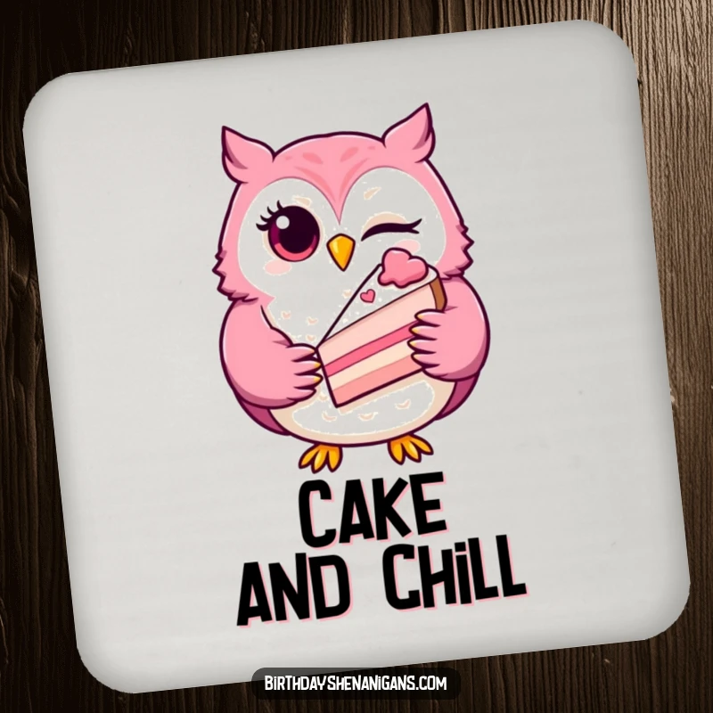 Funny winking owl coaster, a playful character holding a slice of cake, protecting surfaces with humorous charm.
