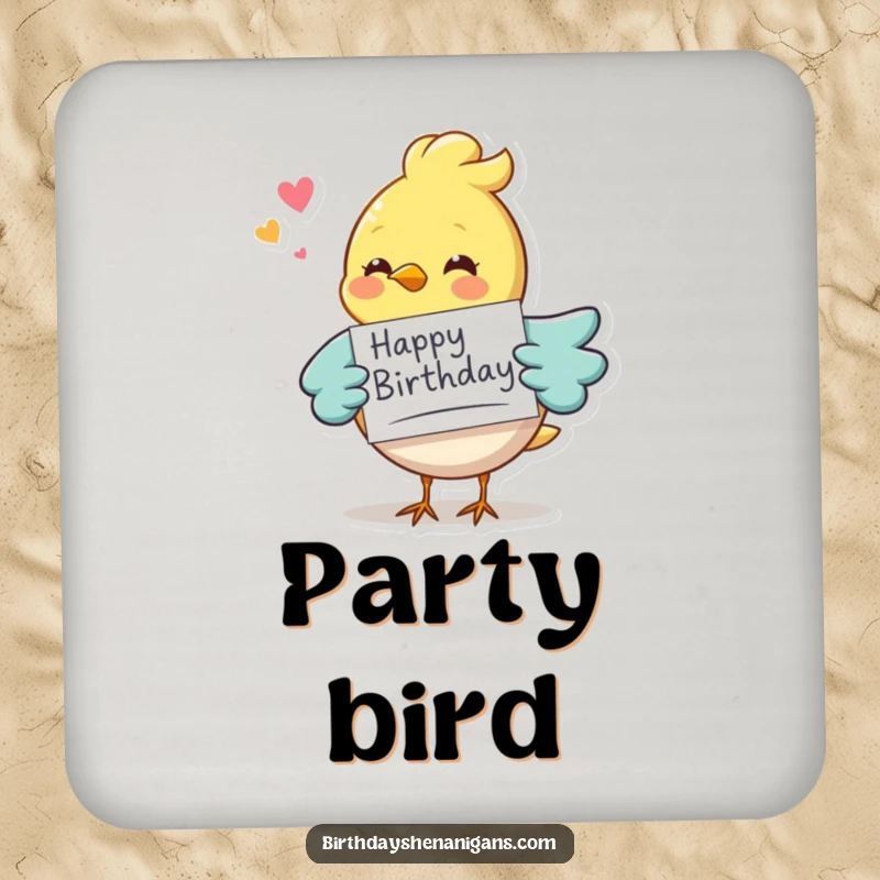 Funny whimsical bird character delivering a birthday card, set of coasters, adding humor and festive style to tabletops.