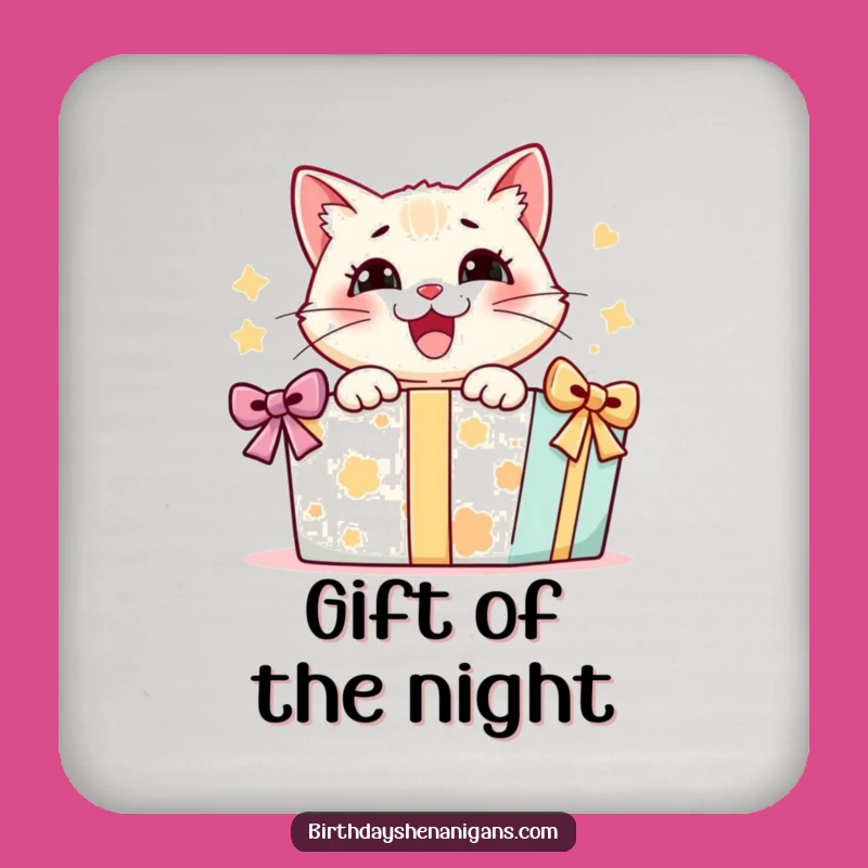 Funny Cat Present Coaster Set: Delighted Kitty Opening Gift, Protect & Amuse!