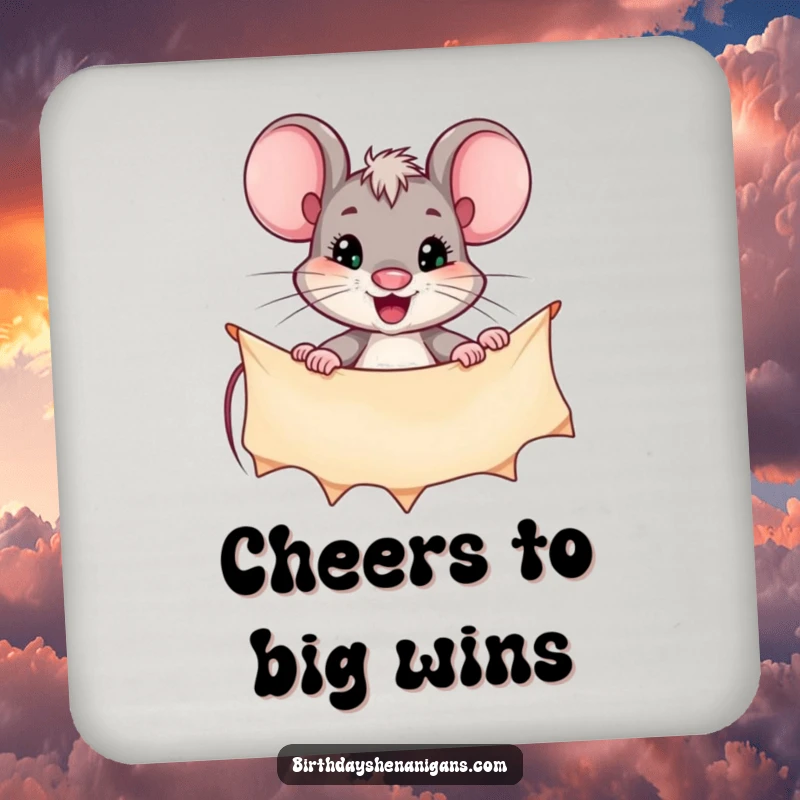 Funny drink coaster with a determined mouse character hanging a banner, bringing a humorous and motivational vibe to any table.