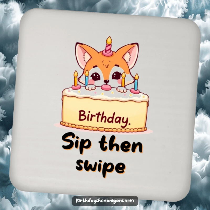 Funny coaster illustration of a mischievous fox hiding behind a birthday cake, protecting surfaces with style.