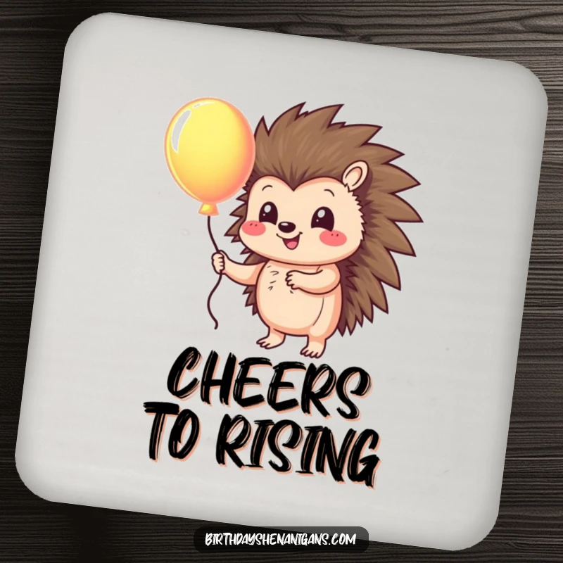 Funny drink coasters featuring a smiling hedgehog character holding a colorful balloon, adding a cheerful and funny element to any table.