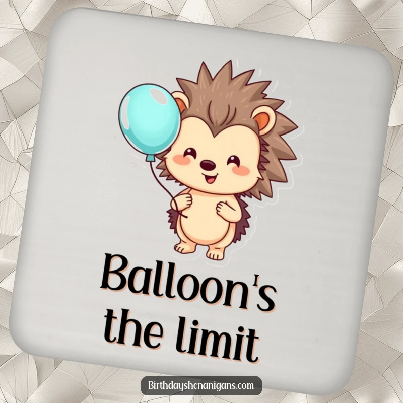 Funny hedgehog coaster with a smiling character holding a colorful balloon, protecting furniture with adorable charm.