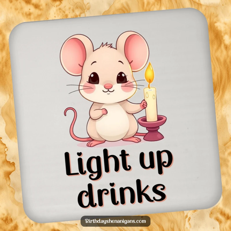 Funny kawaii mouse holding a single lit candle with a curious expression on a drink coaster.