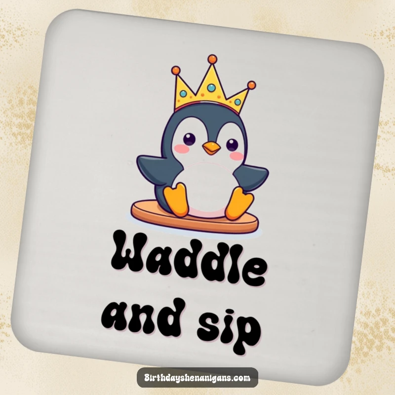 Funny kawaii penguin character sliding with a silly party crown on a drink coaster, providing surface protection with a humorous and cute design.